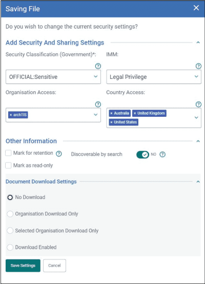 Kojensi Security and Sharing Settings