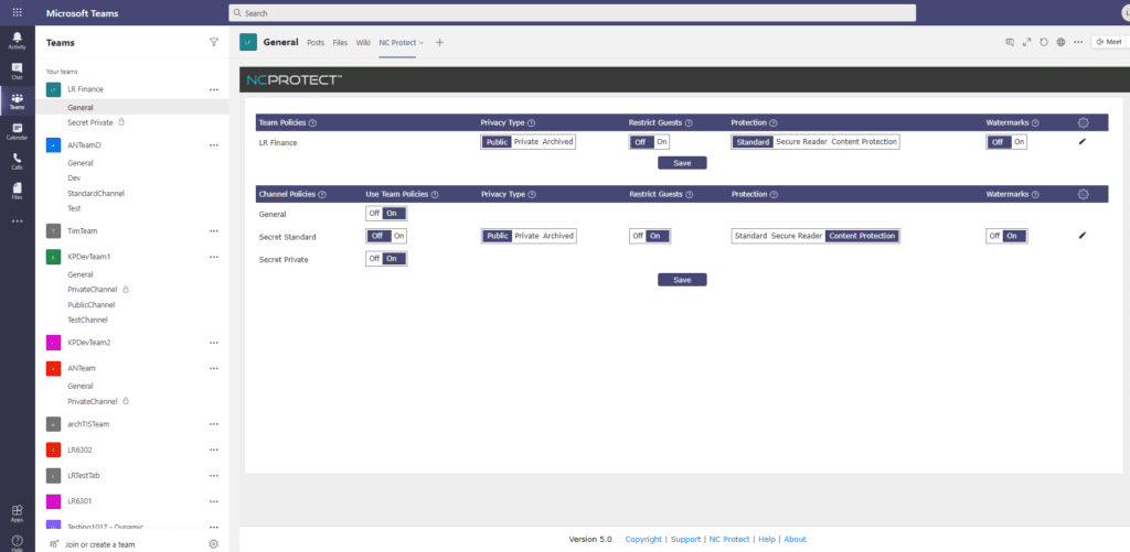 The new NC Protect Tab in Microsoft Teams enables a team’s owner to easily select and apply default information protection rule sets to the team or channel right from the Teams UI.