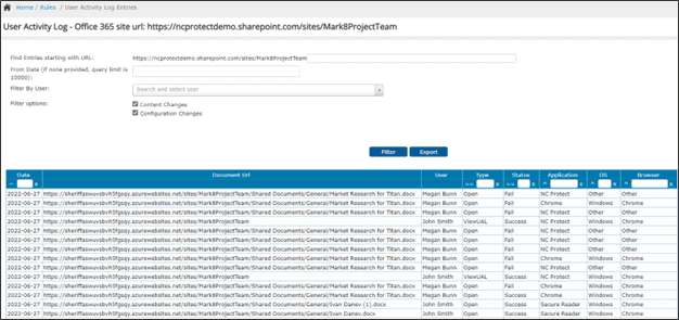 NC Protect User Activity Log