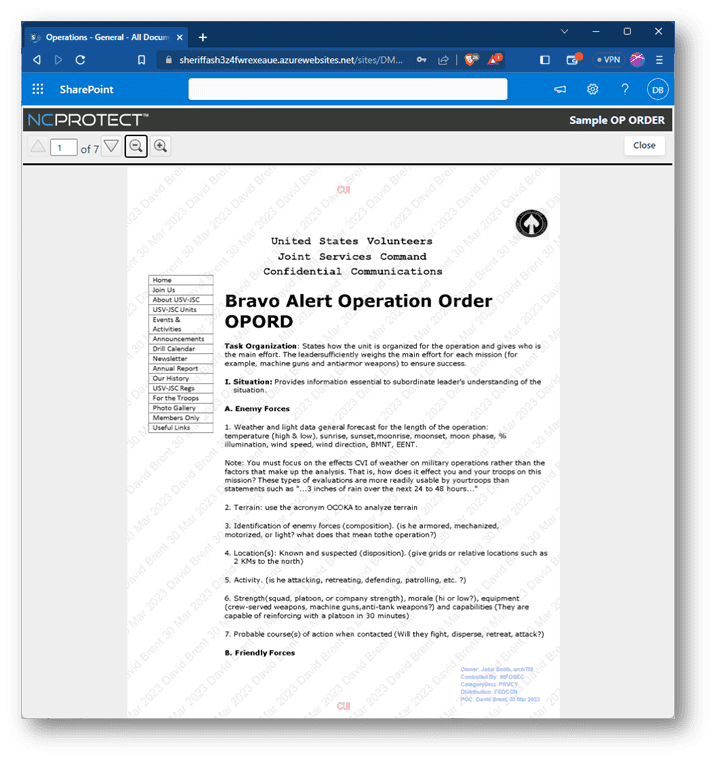 CUI Designation Indicator label added with NC Protect as a persistent watermark and displayed in the Secure Reader.